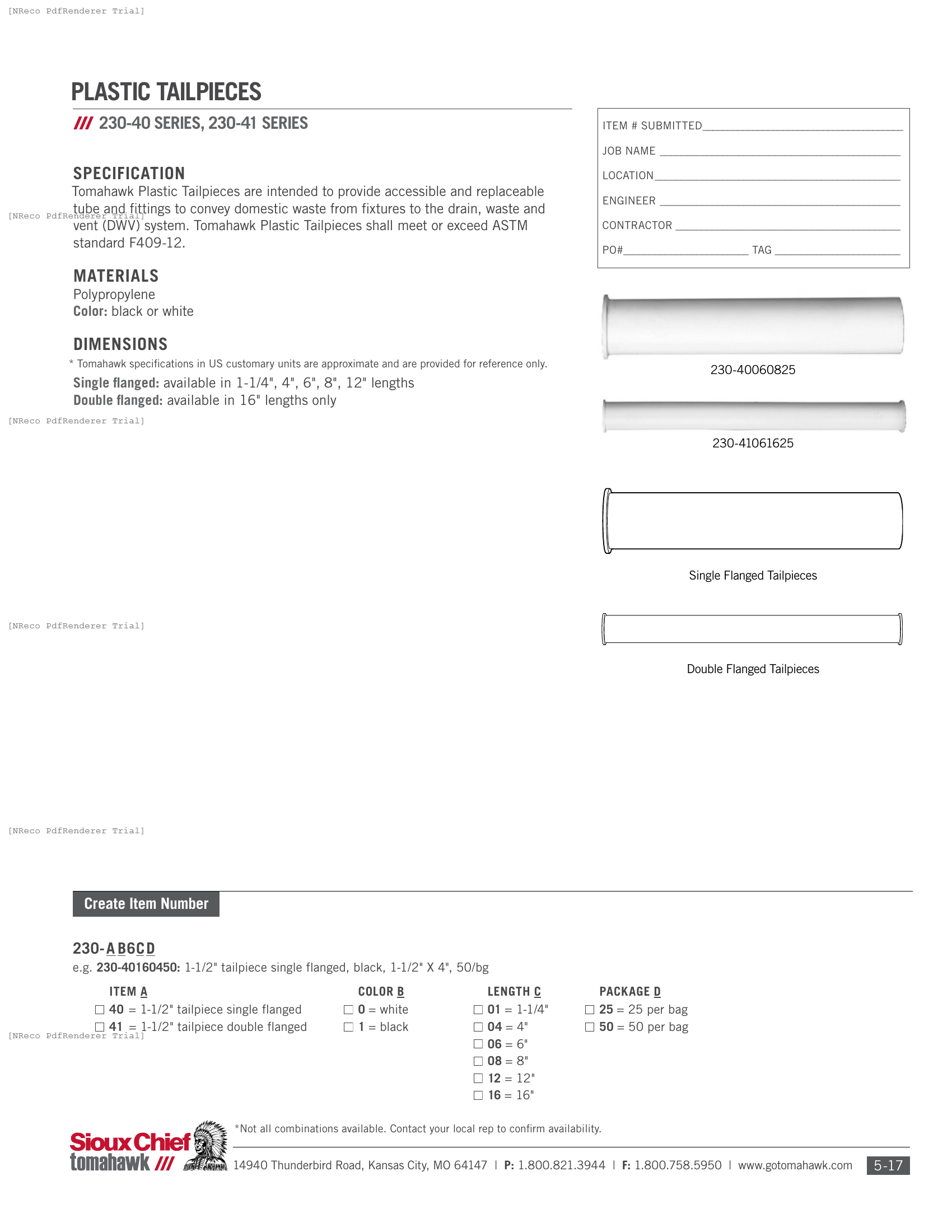 230 SERIES - PLASTIC TAILPIECES - SPEC SHEET.PDF Specification Document